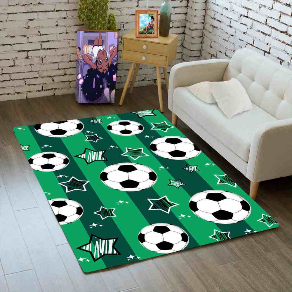 Green Striped Soccer Ball Star Area Rug Boys Room Decor | CozyLil