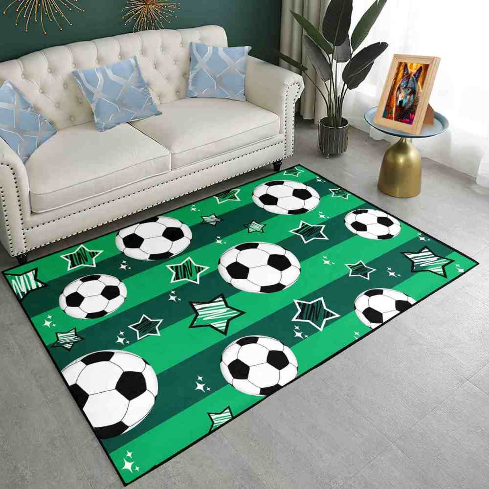 Green Striped Soccer Ball Star Area Rug Boys Room Decor | CozyLil