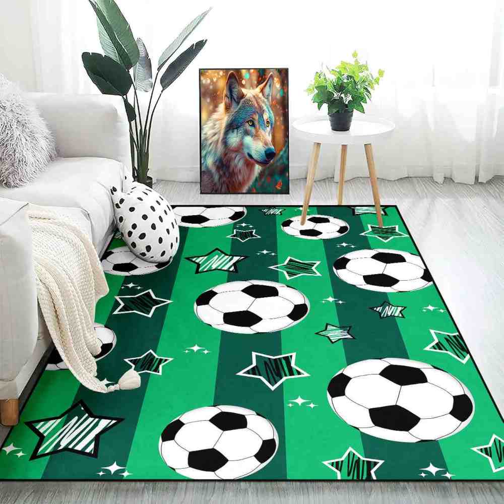 Green Striped Soccer Ball Star Area Rug Boys Room Decor | CozyLil