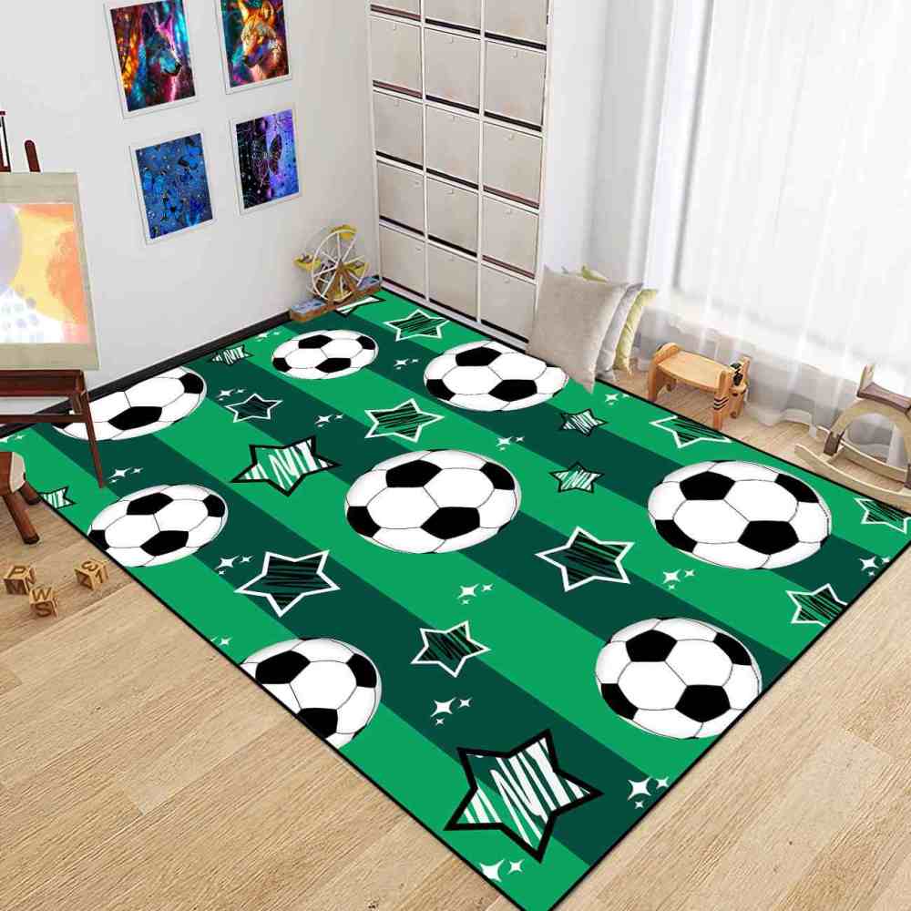 Green Striped Soccer Ball Star Area Rug Boys Room Decor | CozyLil