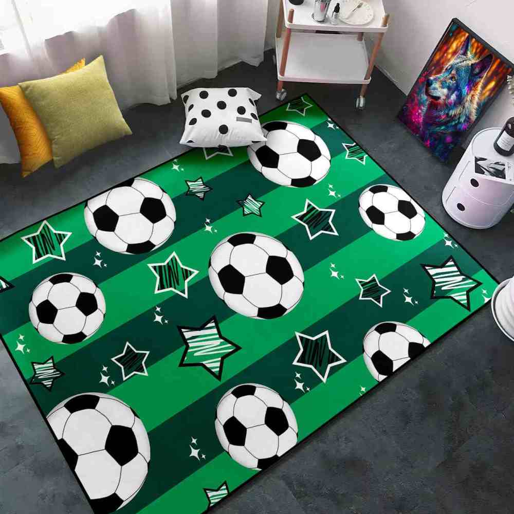 Green Striped Soccer Ball Star Area Rug Boys Room Decor | CozyLil