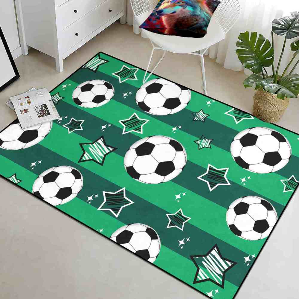 Green Striped Soccer Ball Star Area Rug Boys Room Decor | CozyLil