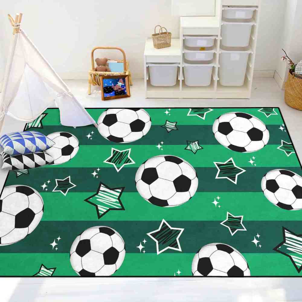 Green Striped Soccer Ball Star Area Rug Boys Room Decor | CozyLil