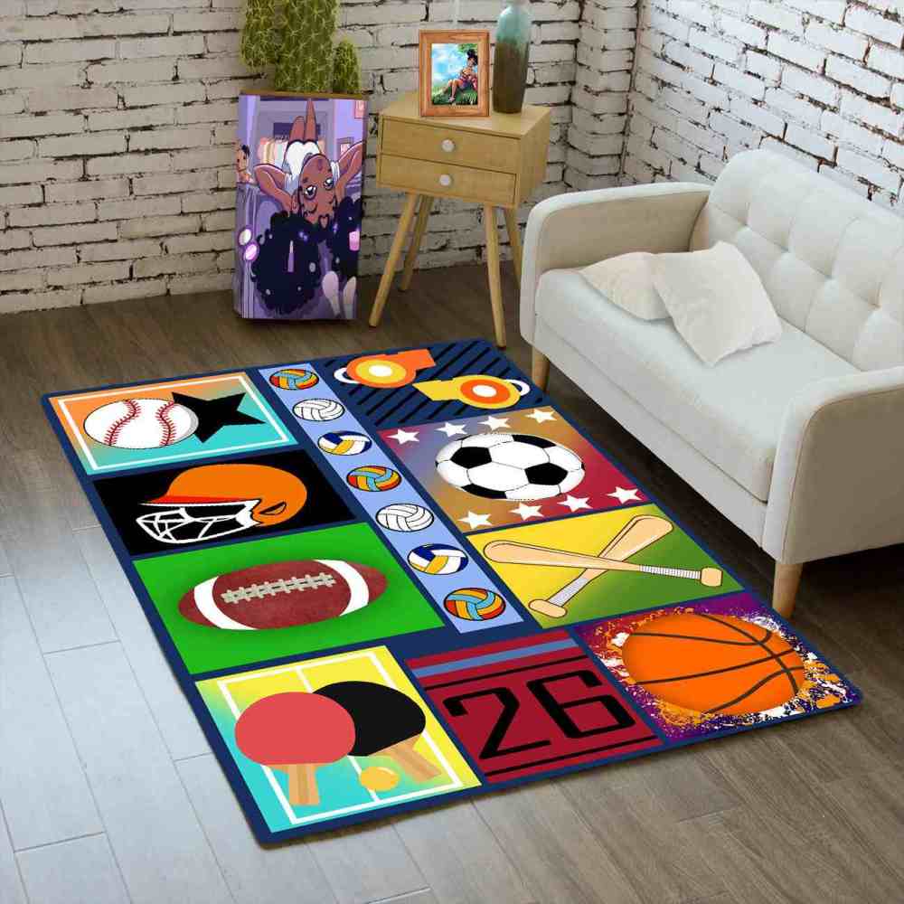 Colorful Pop Art Multi Sports Collage Area Rug Playroom | CozyLil