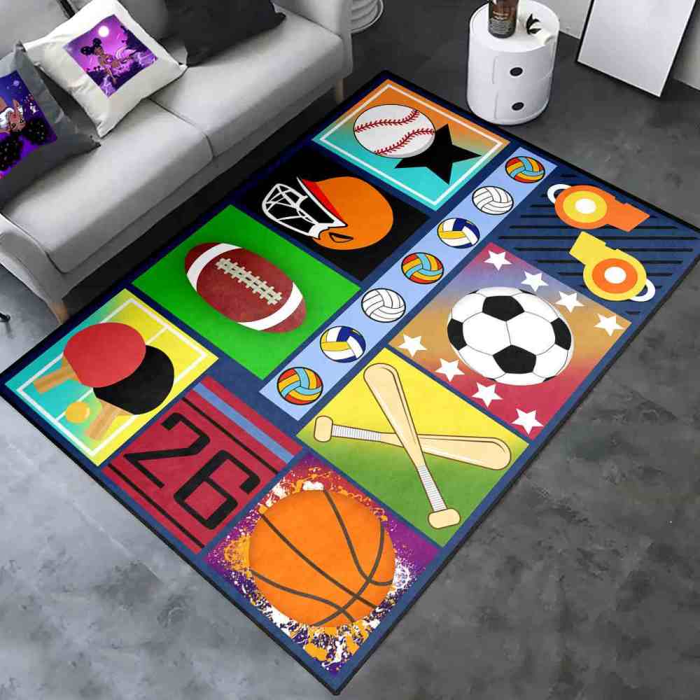 Colorful Pop Art Multi Sports Collage Area Rug Playroom | CozyLil