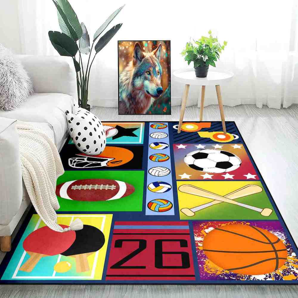 Colorful Pop Art Multi Sports Collage Area Rug Playroom | CozyLil