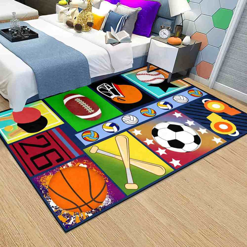 Colorful Pop Art Multi Sports Collage Area Rug Playroom | CozyLil