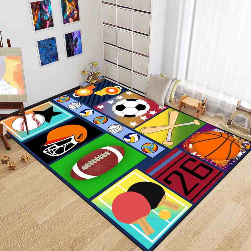 Colorful Pop Art Multi Sports Collage Area Rug Playroom | CozyLil