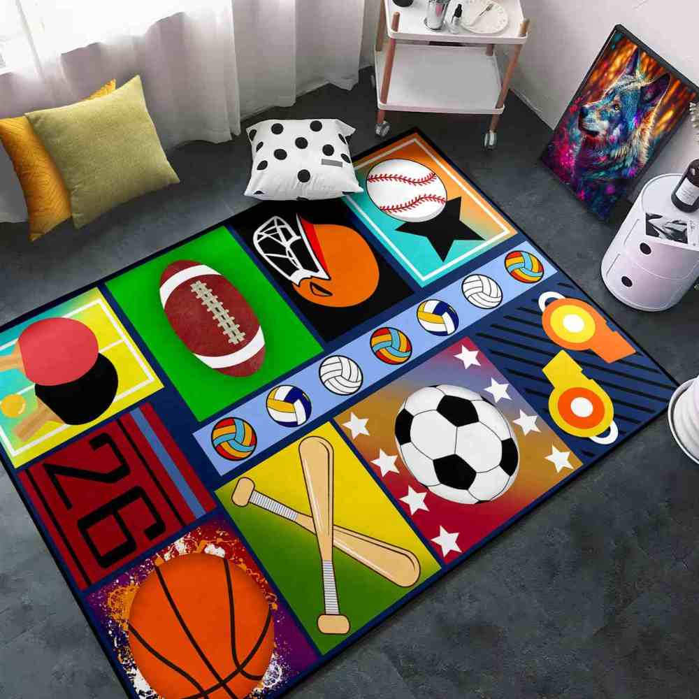 Colorful Pop Art Multi Sports Collage Area Rug Playroom | CozyLil