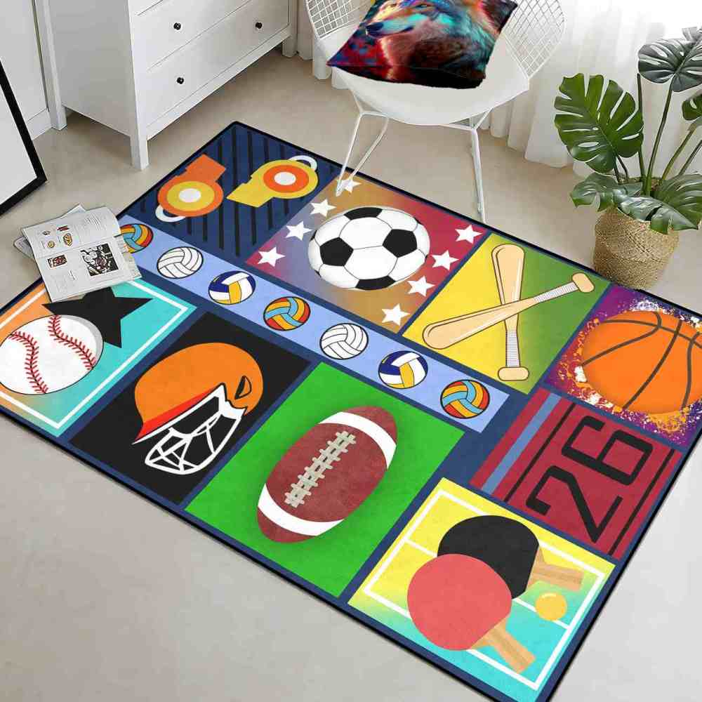 Colorful Pop Art Multi Sports Collage Area Rug Playroom | CozyLil