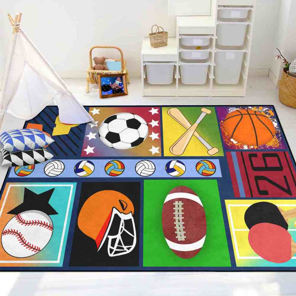 Colorful Pop Art Multi Sports Collage Area Rug Playroom | CozyLil