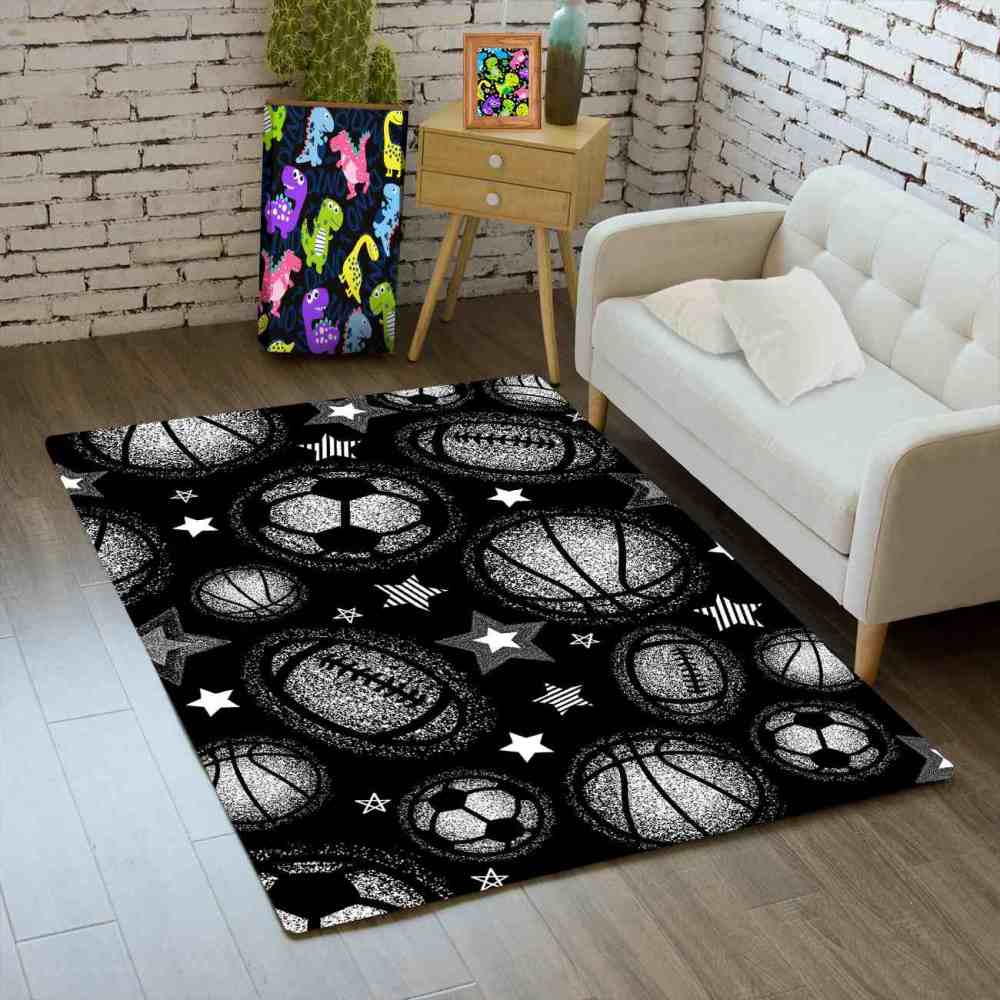Monochrome Multi Sports Balls Area Rug Kids Playroom Mat | CozyLil