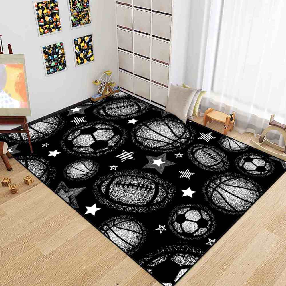 Monochrome Multi Sports Balls Area Rug Kids Playroom Mat | CozyLil