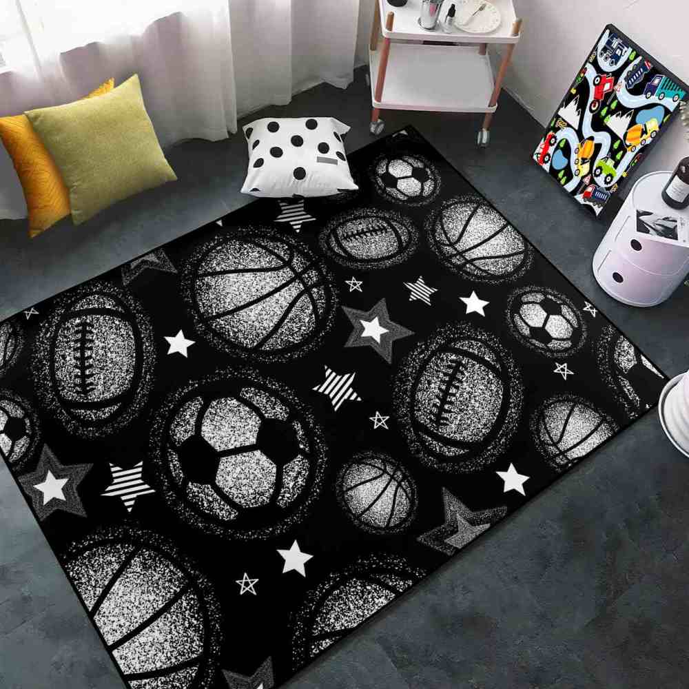 Monochrome Multi Sports Balls Area Rug Kids Playroom Mat | CozyLil