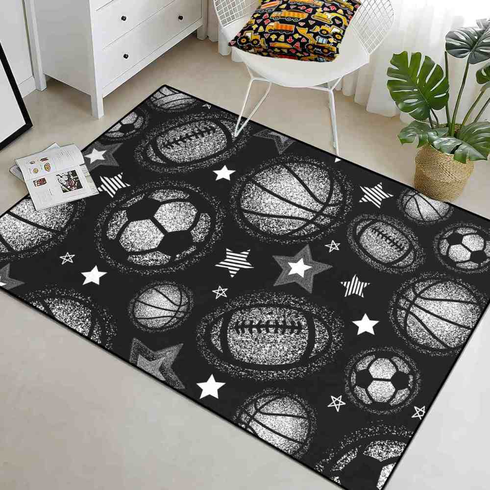 Monochrome Multi Sports Balls Area Rug Kids Playroom Mat | CozyLil