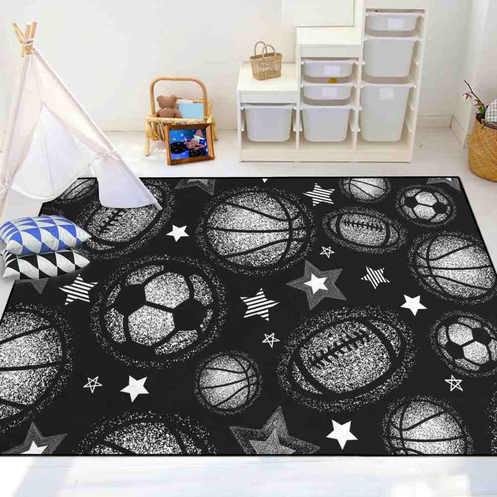 Monochrome Multi Sports Balls Area Rug Kids Playroom Mat | CozyLil