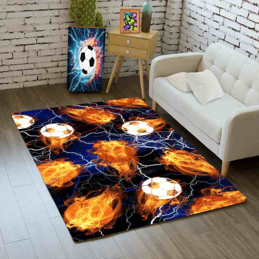 Flaming Sports Balls Lightning Area Rug for Teen Boys Room | CozyLil