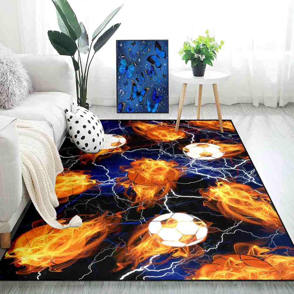 Flaming Sports Balls Lightning Area Rug for Teen Boys Room | CozyLil