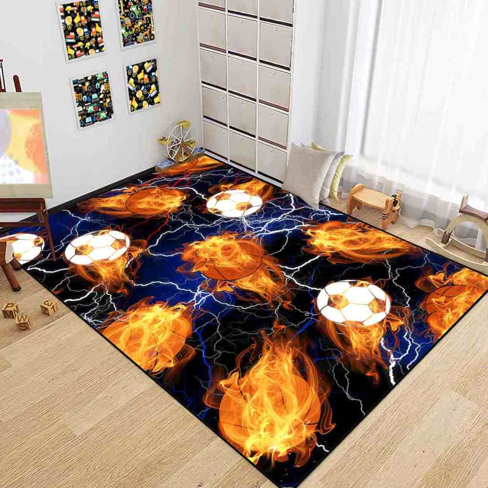 Flaming Sports Balls Lightning Area Rug for Teen Boys Room | CozyLil