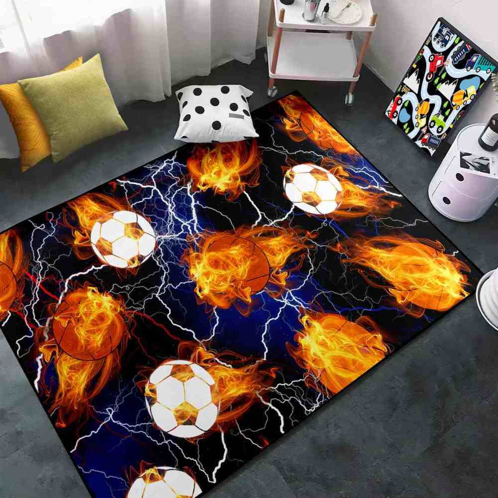 Flaming Sports Balls Lightning Area Rug for Teen Boys Room | CozyLil