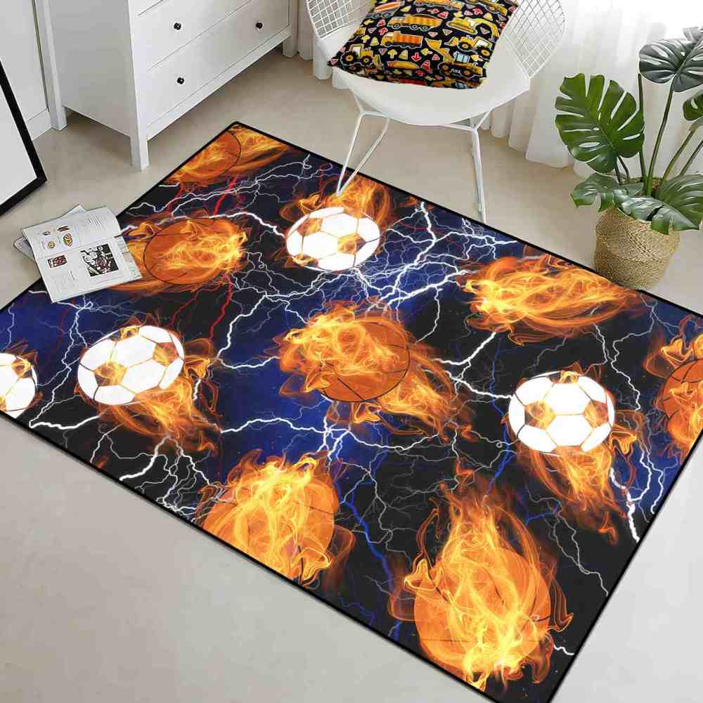 Flaming Sports Balls Lightning Area Rug for Teen Boys Room | CozyLil