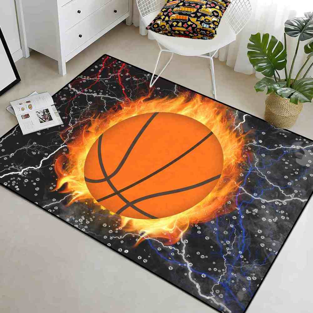 Elemental Flaming Basketball Lightning Area Rug for Teen Room | CozyLil