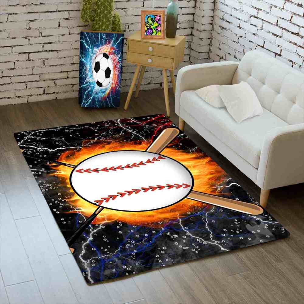 Flaming Baseball and Bats Area Rug Teen Boys Room Decor | CozyLil