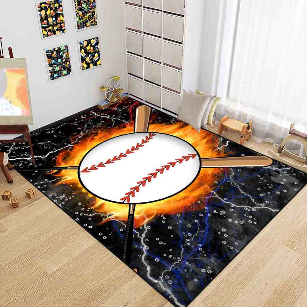 Flaming Baseball and Bats Area Rug Teen Boys Room Decor | CozyLil
