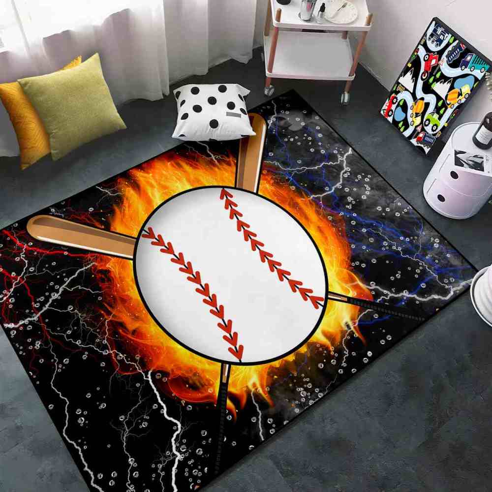 Flaming Baseball and Bats Area Rug Teen Boys Room Decor | CozyLil