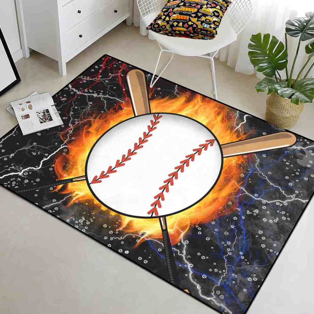 Flaming Baseball and Bats Area Rug Teen Boys Room Decor | CozyLil