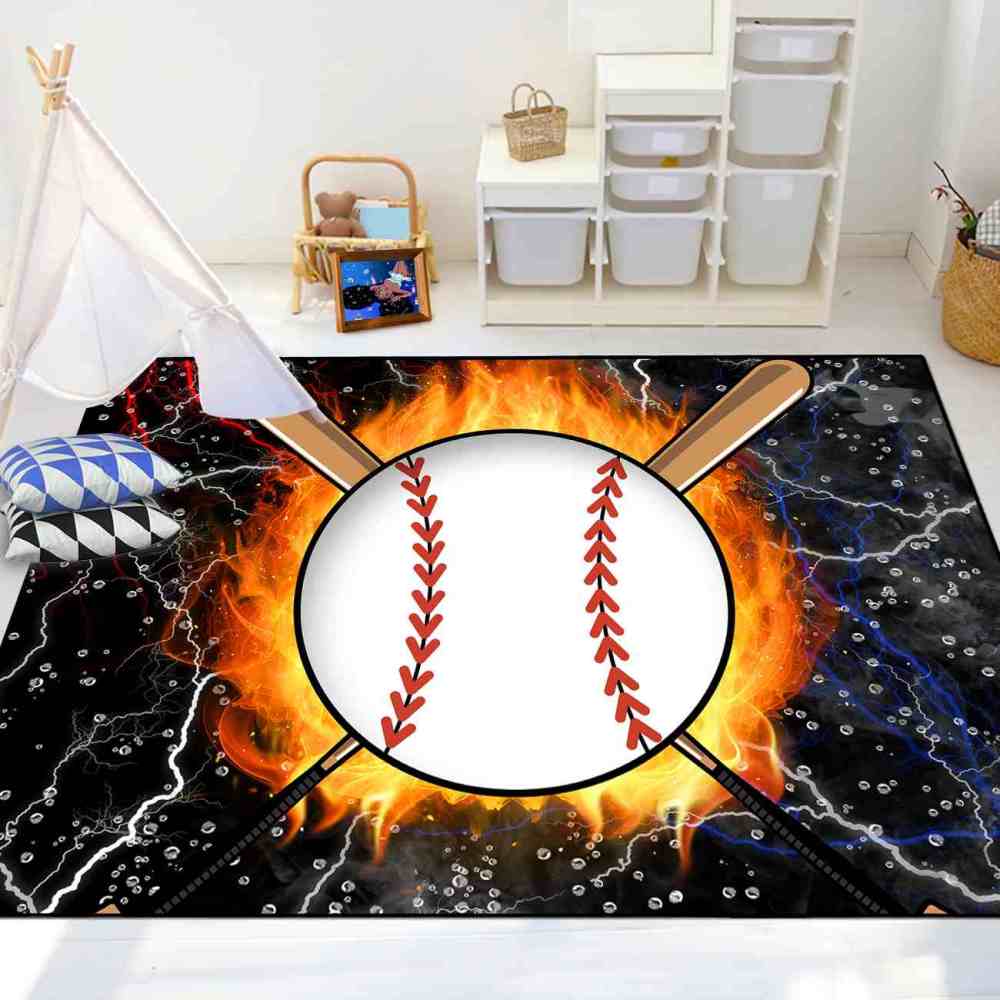 Flaming Baseball and Bats Area Rug Teen Boys Room Decor | CozyLil