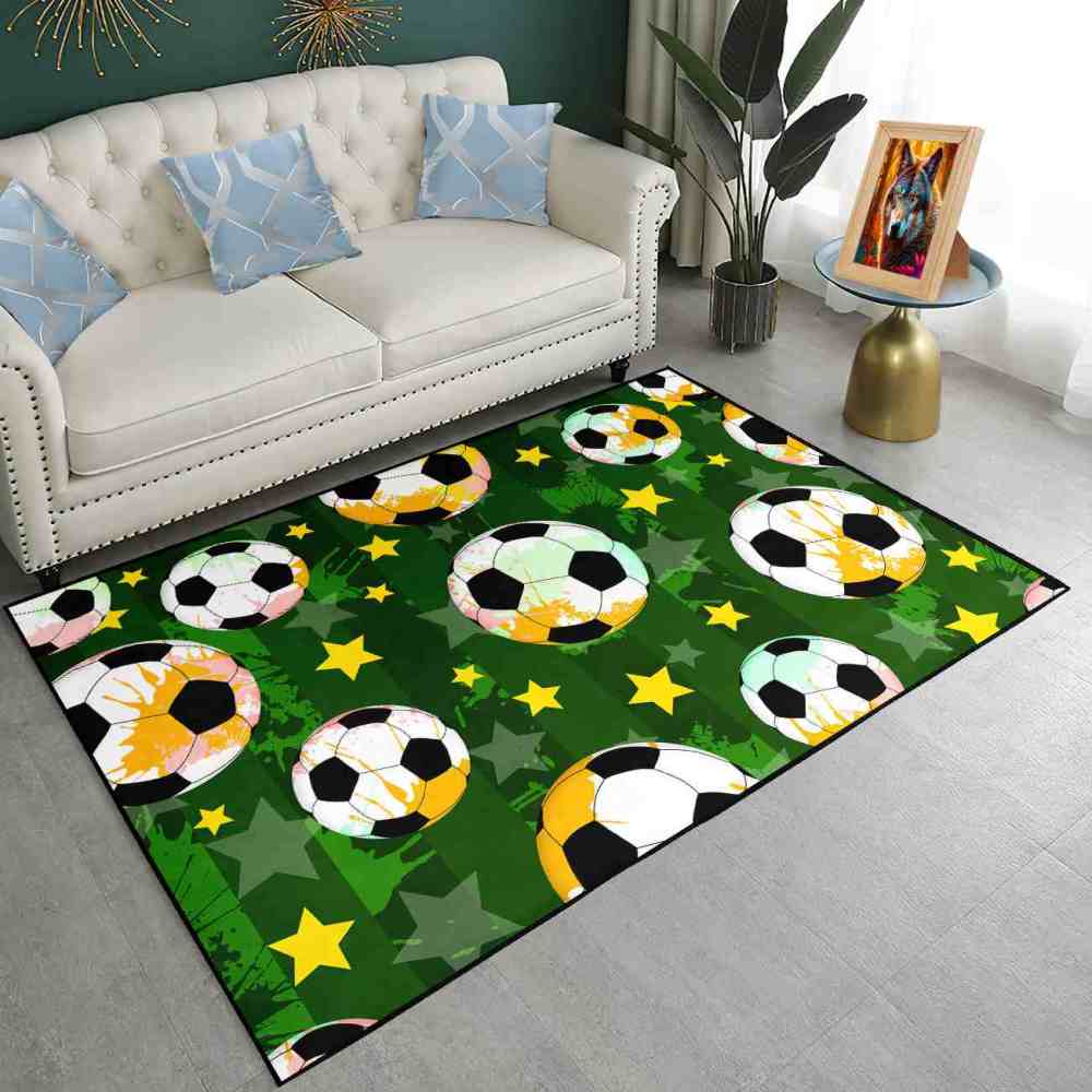 Green Soccer Star Printed Playroom Area Rug Boys Bedroom | CozyLil