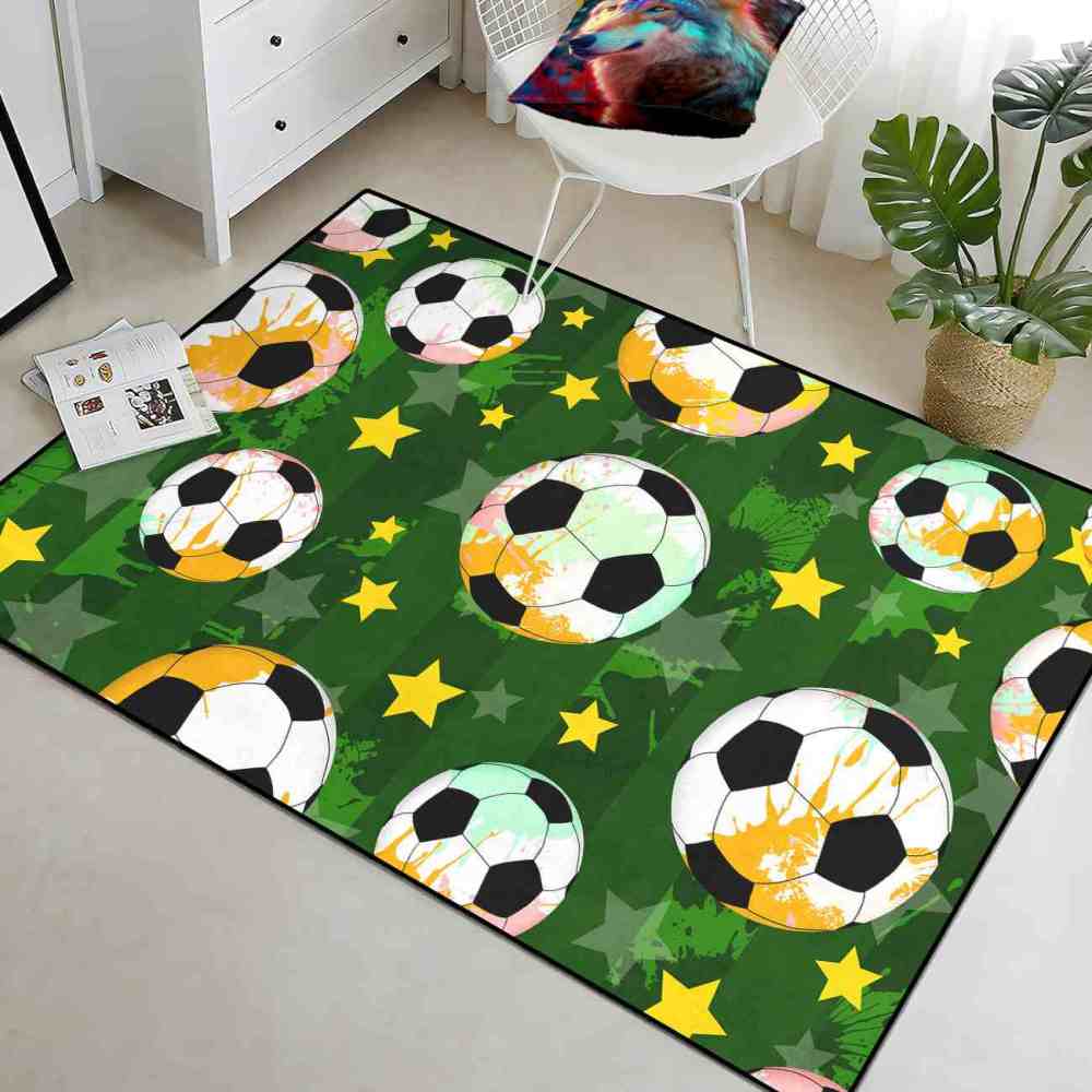 Green Soccer Star Printed Playroom Area Rug Boys Bedroom | CozyLil