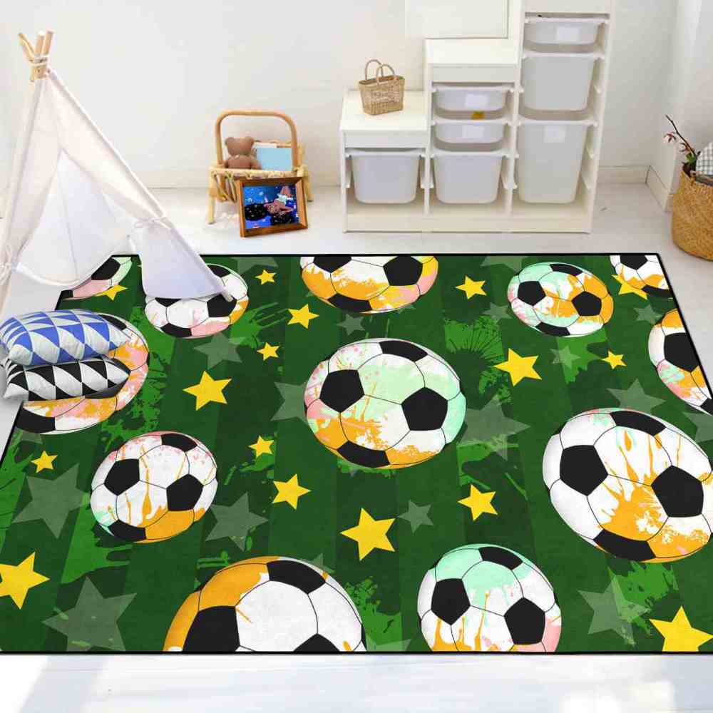 Green Soccer Star Printed Playroom Area Rug Boys Bedroom | CozyLil