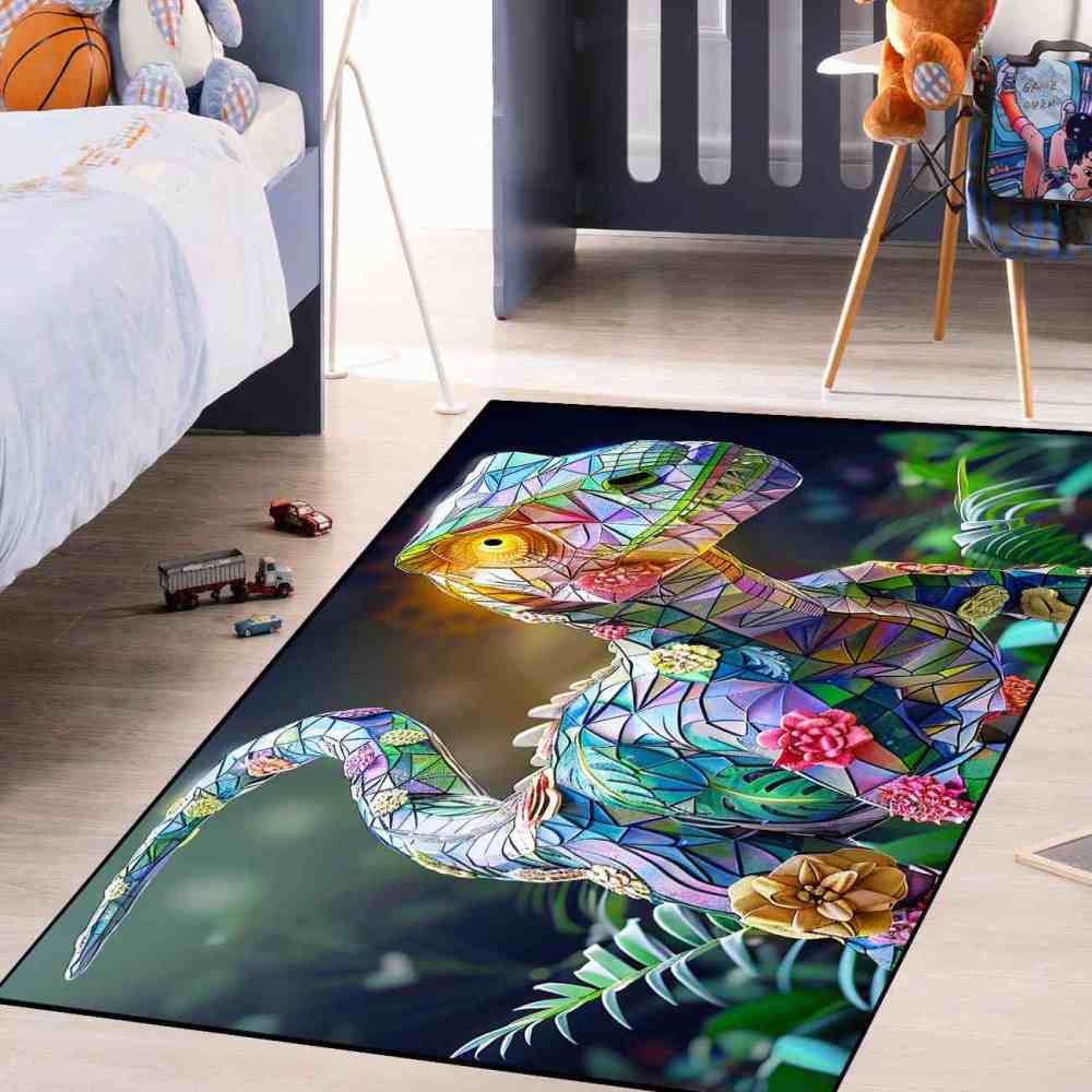 Stained Glass Geometric Dinosaur Kids Playroom Rug | CozyLil