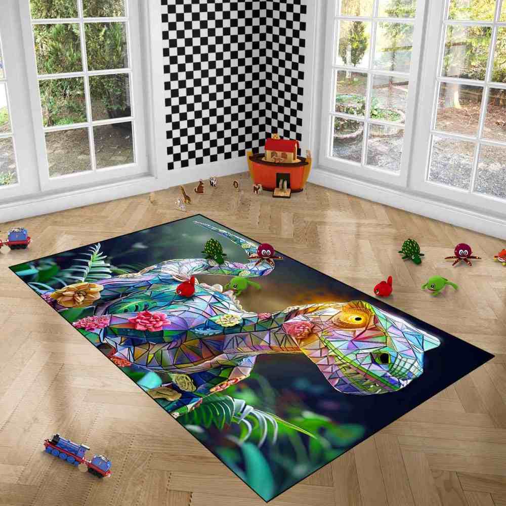 Stained Glass Geometric Dinosaur Kids Playroom Rug | CozyLil