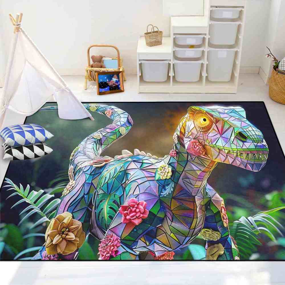 Stained Glass Geometric Dinosaur Kids Playroom Rug | CozyLil