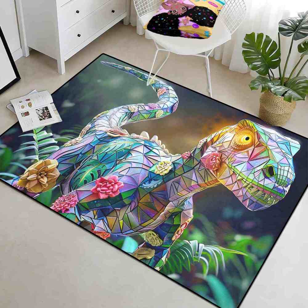 Stained Glass Geometric Dinosaur Kids Playroom Rug | CozyLil