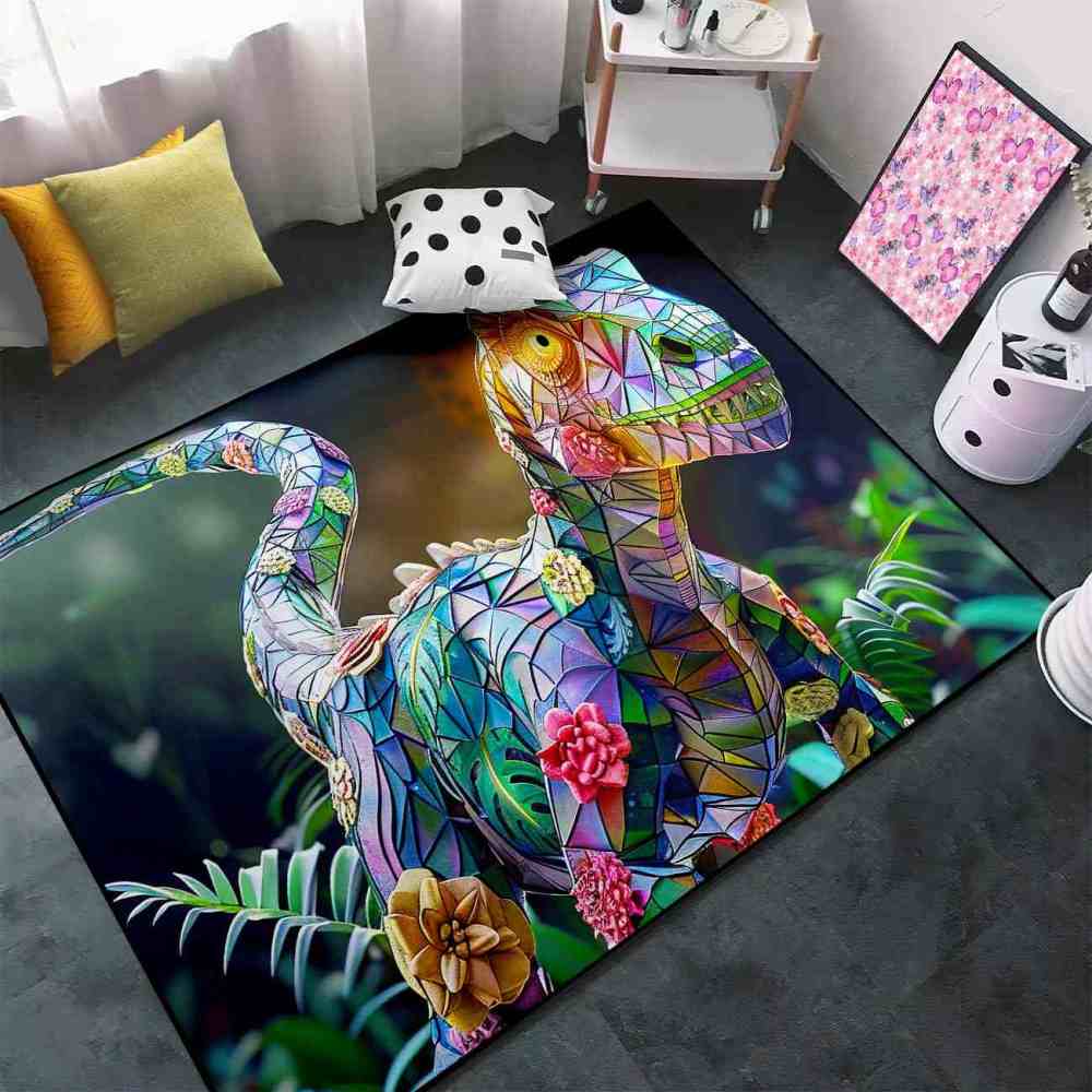 Stained Glass Geometric Dinosaur Kids Playroom Rug | CozyLil