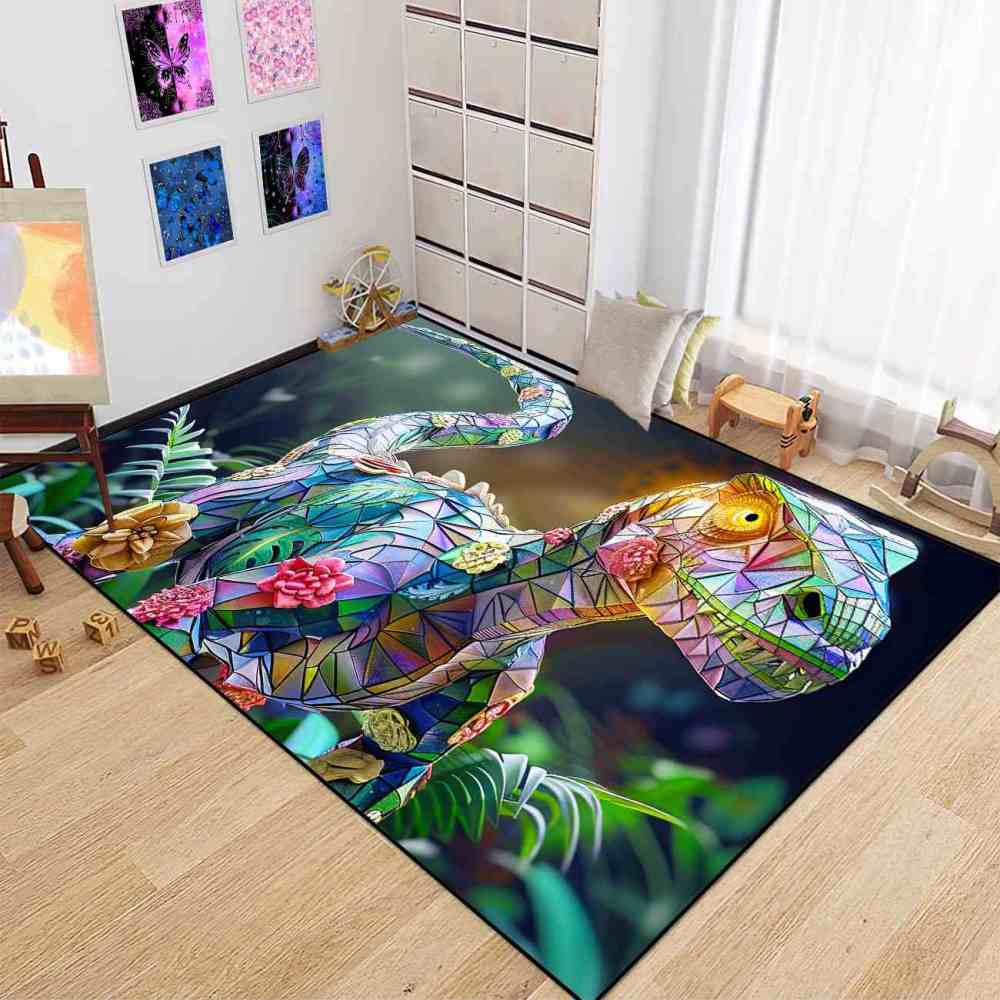Stained Glass Geometric Dinosaur Kids Playroom Rug | CozyLil