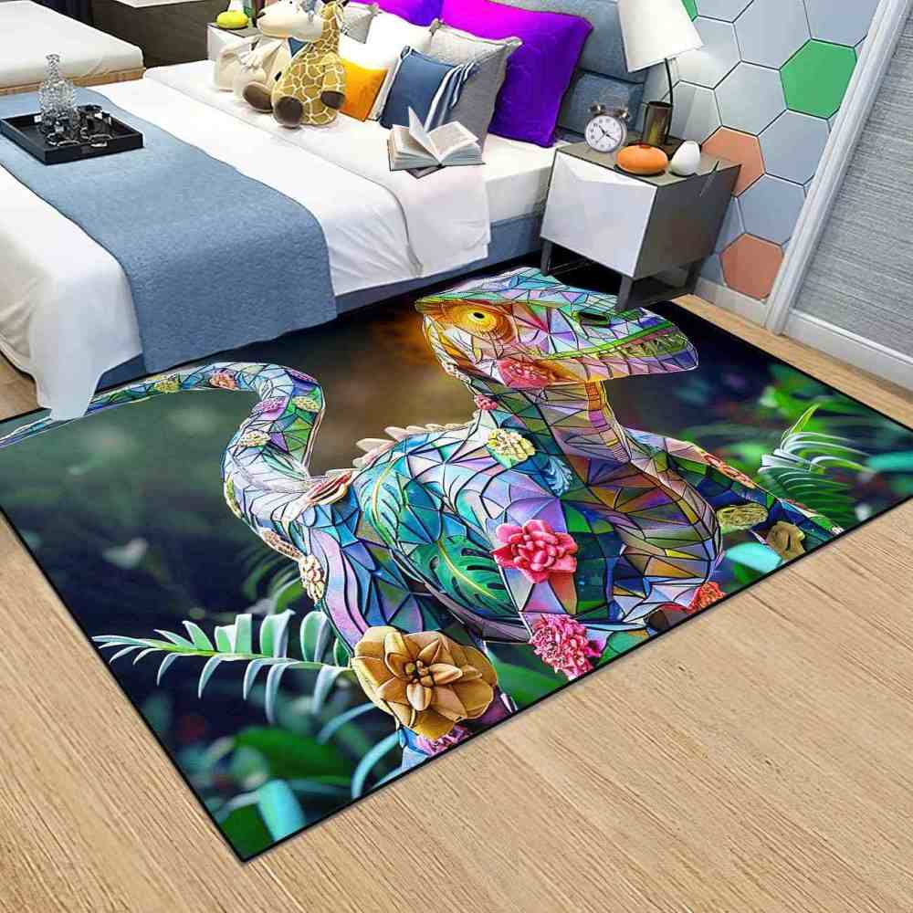 Stained Glass Geometric Dinosaur Kids Playroom Rug | CozyLil