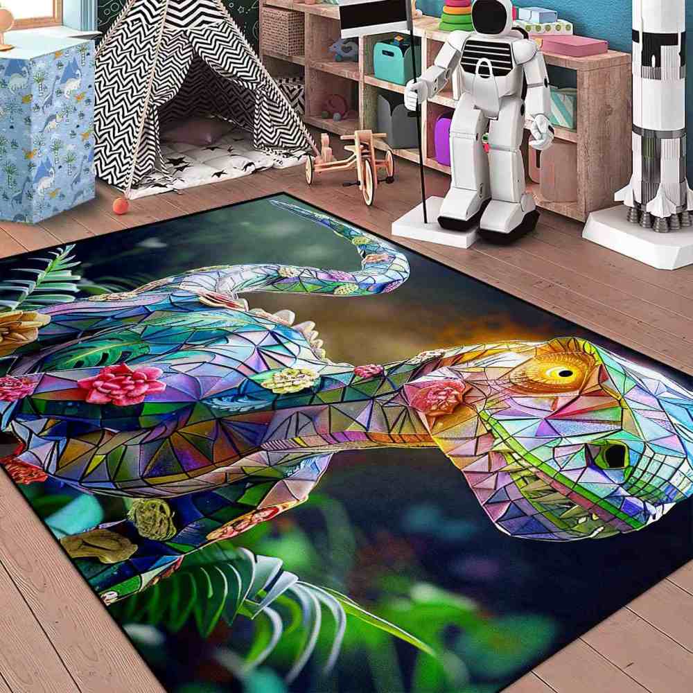 Stained Glass Geometric Dinosaur Kids Playroom Rug | CozyLil