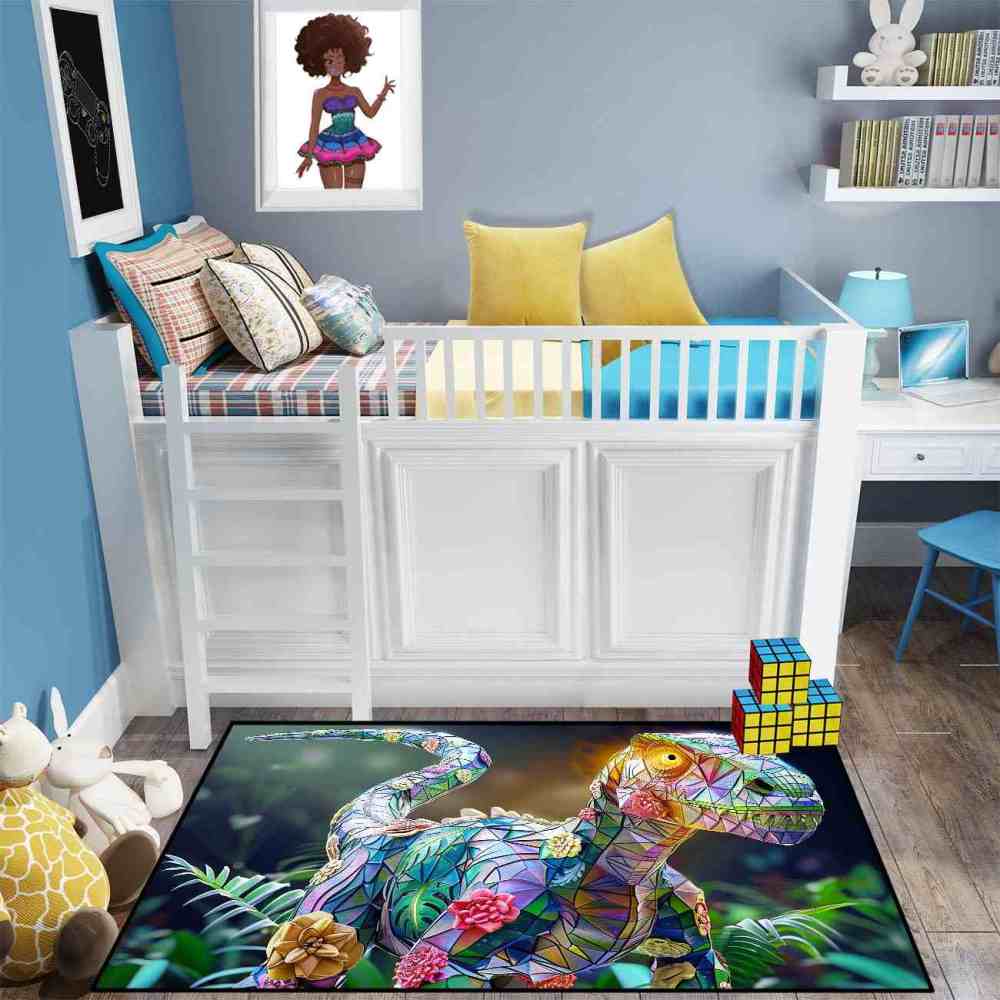 Stained Glass Geometric Dinosaur Kids Playroom Rug | CozyLil