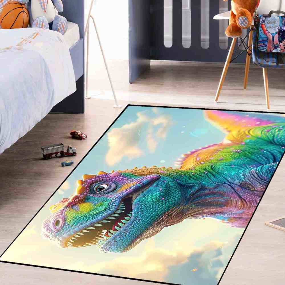 Vibrant Rainbow T-Rex Sky Boys Bedroom Area Rug | CozyLil