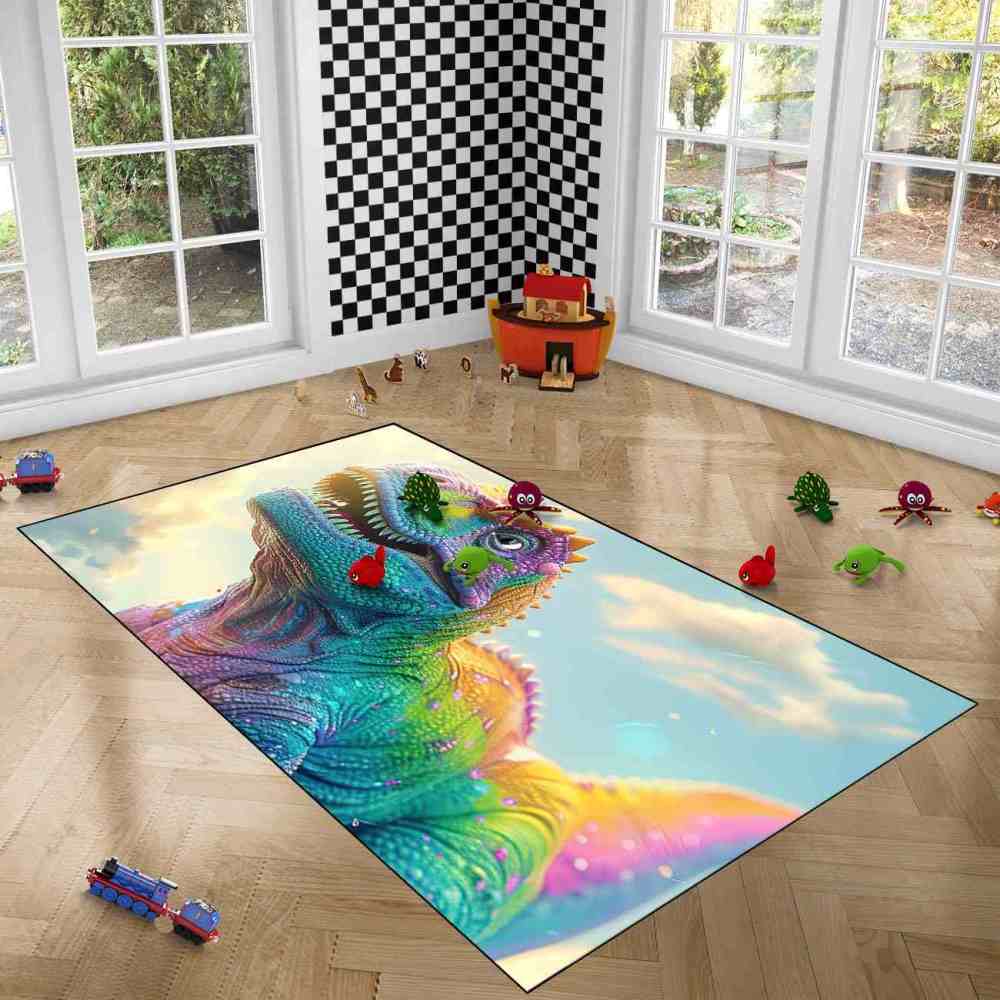 Vibrant Rainbow T-Rex Sky Boys Bedroom Area Rug | CozyLil