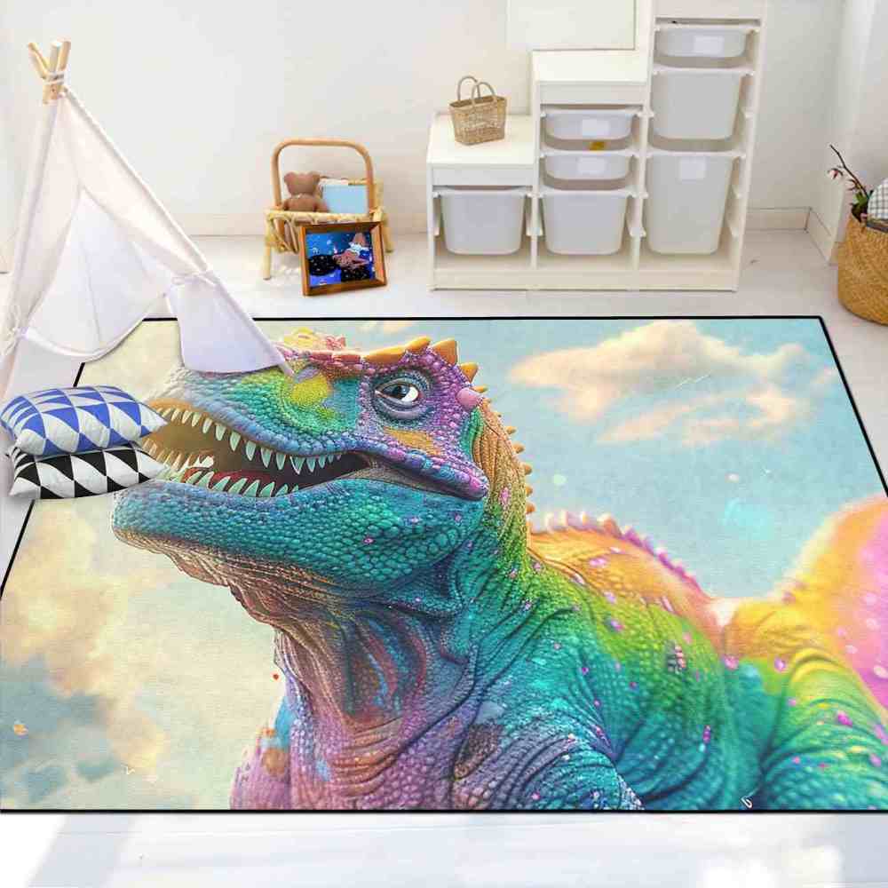 Vibrant Rainbow T-Rex Sky Boys Bedroom Area Rug | CozyLil