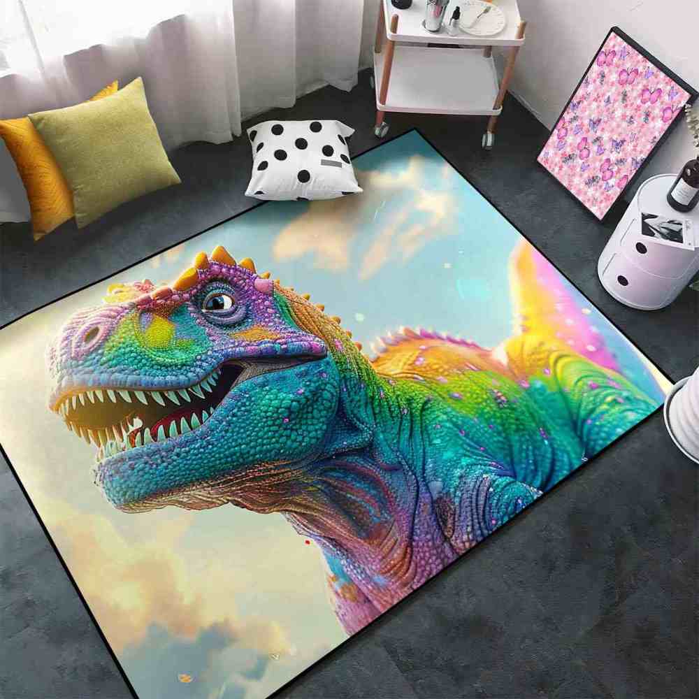 Vibrant Rainbow T-Rex Sky Boys Bedroom Area Rug | CozyLil