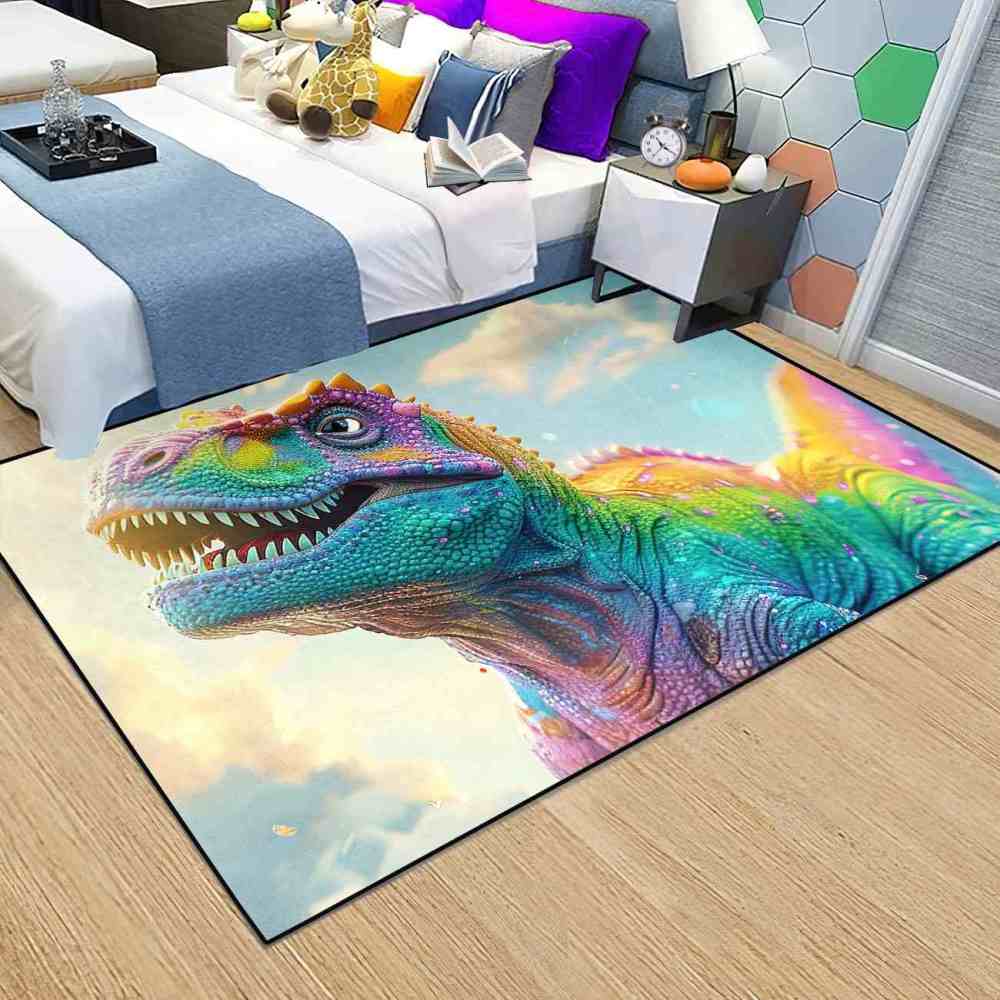 Vibrant Rainbow T-Rex Sky Boys Bedroom Area Rug | CozyLil