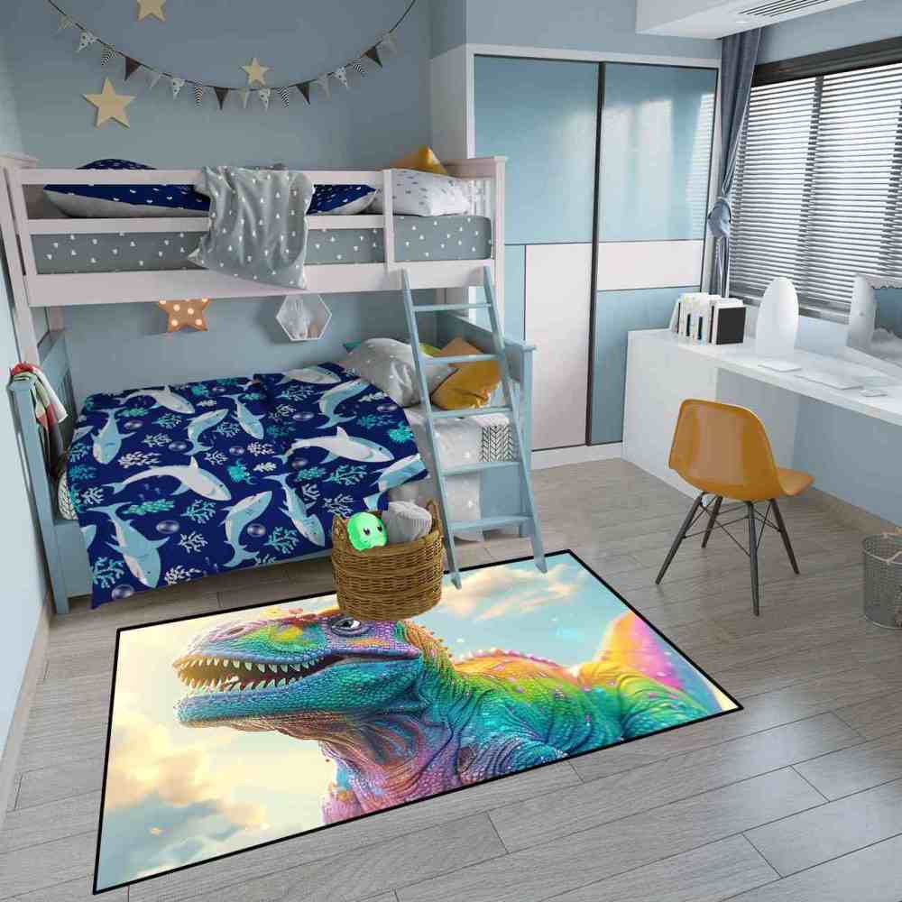 Vibrant Rainbow T-Rex Sky Boys Bedroom Area Rug | CozyLil