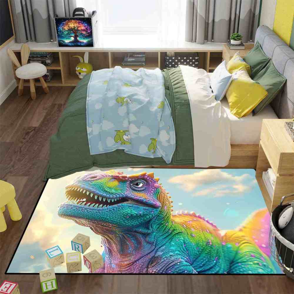 Vibrant Rainbow T-Rex Sky Boys Bedroom Area Rug | CozyLil